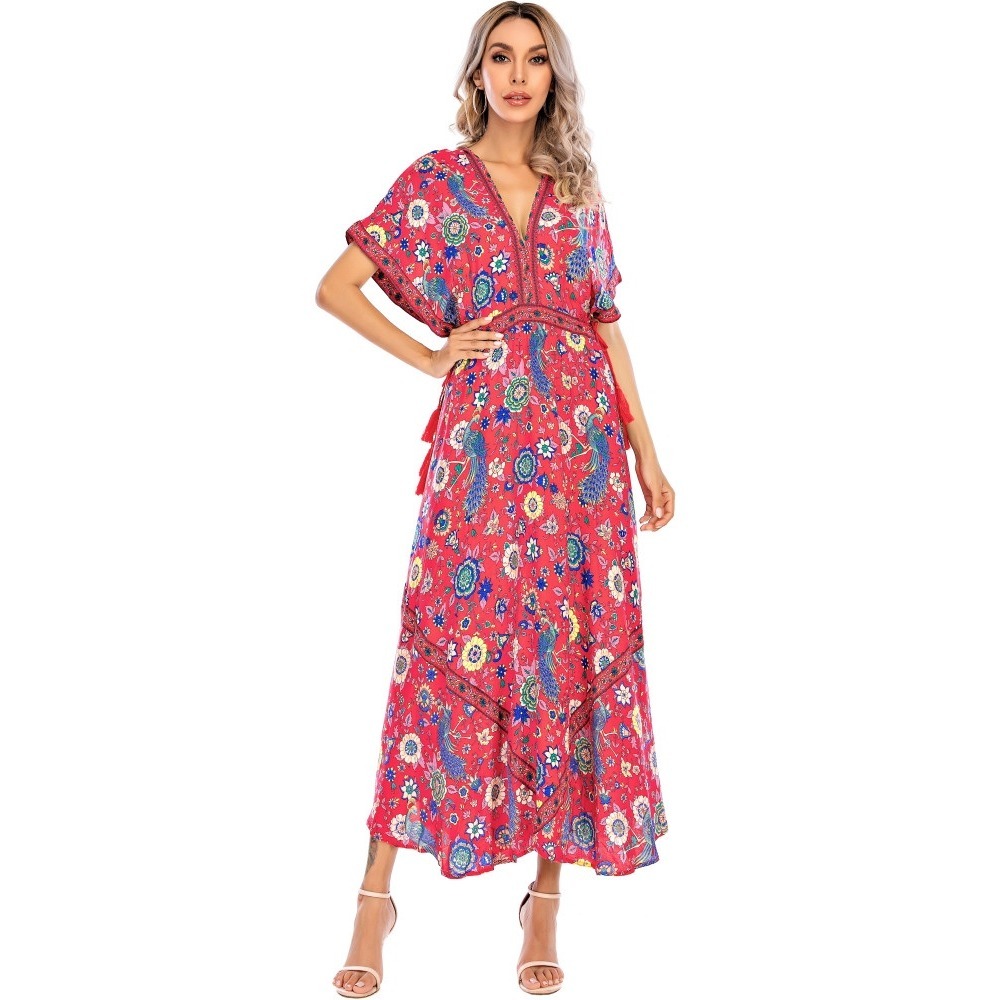 R.Vivimos Boho Floral Peacock Print Maxi Dress Red V-Neck Tassel Smocked Waist S